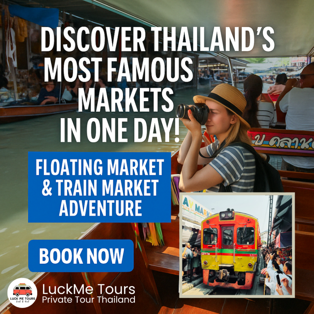 “Long-tail boat at Damnoen Saduak floating market” “Train passing through Maeklong market” “Tourists on floating market boat tour”