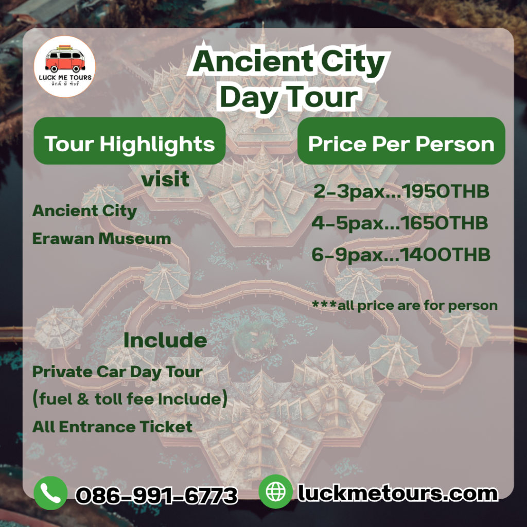 “Bird's eye view of Ancient City Thailand” “Tourists exploring Muang Boran by golf cart” “Private tour to Ancient City from Bangkok”