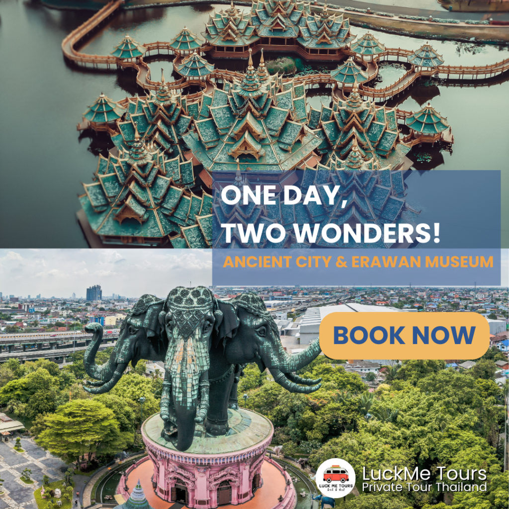 “Bird's eye view of Ancient City Thailand” “Tourists exploring Muang Boran by golf cart” “Private tour to Ancient City from Bangkok”