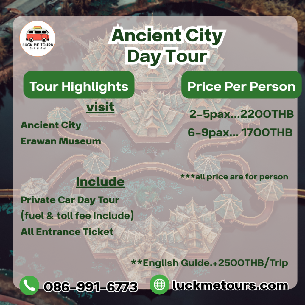 “Bird's eye view of Ancient City Thailand” “Tourists exploring Muang Boran by golf cart” “Private tour to Ancient City from Bangkok”